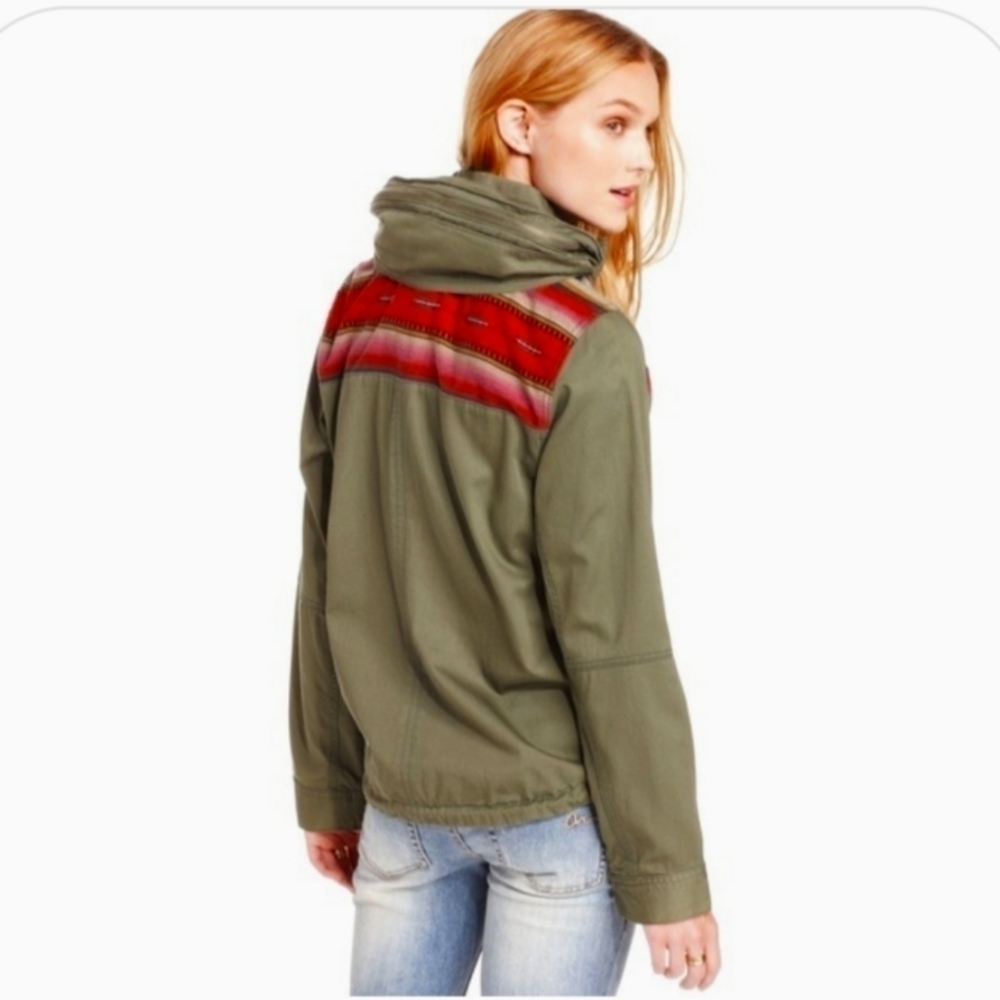 Roxy Boho Zip-Up Utility Jacket Najavo Print Army Green Hooded Pockets Medium